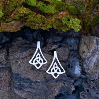 an image of a pair of Sterling Silver Celtic Bell Stud Earrings that are filigree and shaped like a bell with a Celtic knot from the center to a bottom tip