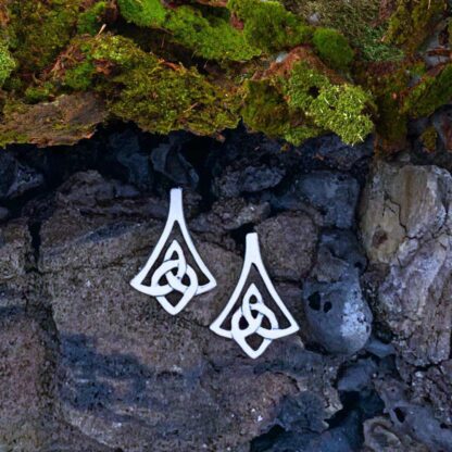 an image of a pair of Sterling Silver Celtic Bell Stud Earrings that are filigree and shaped like a bell with a Celtic knot from the center to a bottom tip