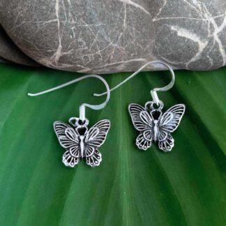 an image of a pair of Oxidized Sterling Silver Butterfly Dangle Earrings