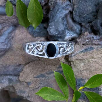 an image of a Dainty Oval Black Agate and Sterling Silver Filigree Ring
