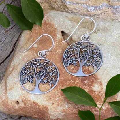 an image of a pair of round filigree Sterling Silver Detailed Tree of Life Earrings