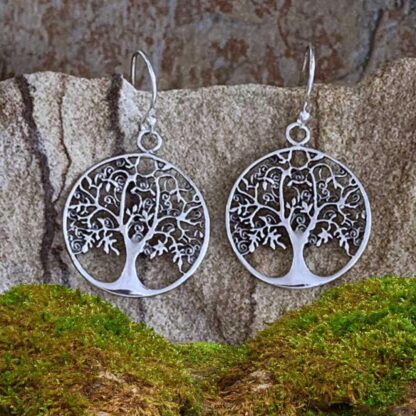 an image of a pair of round filigree Sterling Silver Detailed Tree of Life Earrings