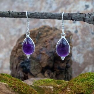 an image of a pear shaped pair of Amethyst Cabochon and Sterling Silver Dangle Earrings