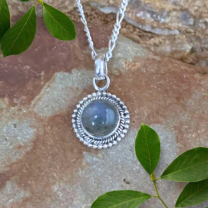 an image of a Dainty Round Labradorite and Sterling Silver Pendant with a .94 inch total drop