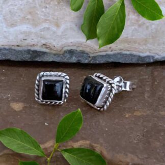 an image of a pair of 8mm x 8mm Black Onyx and Sterling Silver Square Stud Earrings