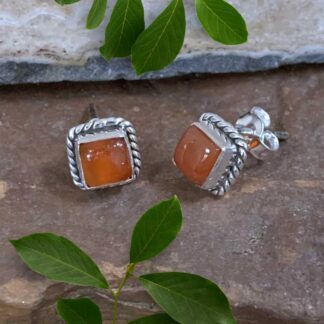 an image of a pair of Carnelian Cabochon and Sterling Silver Square Stud Earrings that are 8mm x 8mm