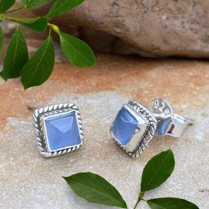 an image of a pair of Blue Chalcedony and Sterling Silver Square Stud Earrings