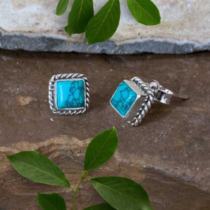 An image of a pair of Turquoise and Sterling Silver Square Stud Earrings that are 8mm x 8mm