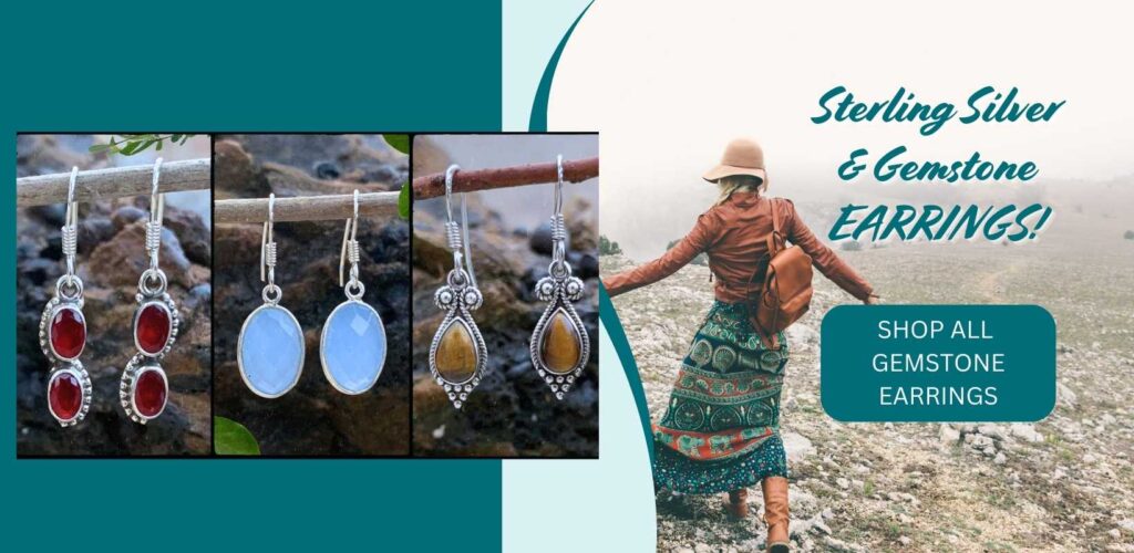 an image with a pair of double garnet sterling earrings, a pair of blue chalcedony oval sterling earrings and a pair of teardrop tiger's eye and sterling earrings. On the right of the image is a woman walking away with a hat and skirt and the text says Sterling Silver and Gemstone Earrings: Click here to shop all gemstone earrings