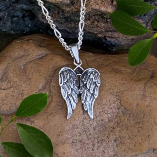 an image of an oxidized sterling silver angel wings pendant that is .31 inches in height