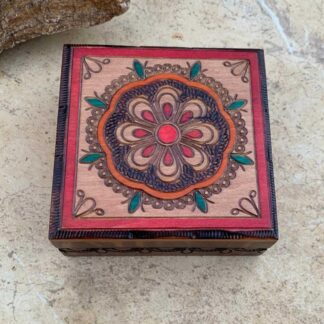 an image of a square Handcrafted Red and Green Mandala Keepsake Box that is 4.75 x 4.75 x 1.75 inches