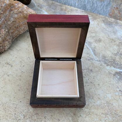 an image of an inside view of a Small Handcrafted Burgundy Wood Hearts Keepsake Box