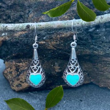 pair of sterling silver filigree earrings with a Turquoise heart on each earrings