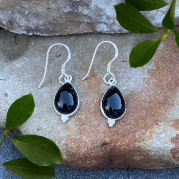 an image of a pair of simple Black Onyx and Sterling Silver Pear Shaped Dangle Earrings