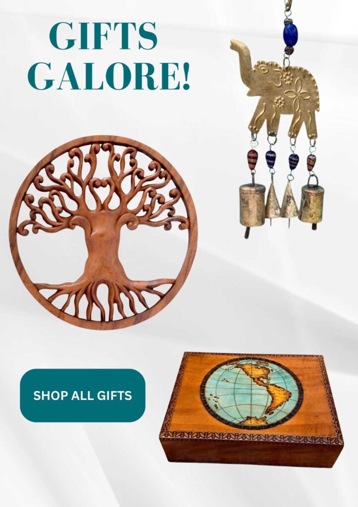 An image of an elephant chime, a wooden tree of life wall plaque and a wooden handcrafted keepsake box with a globe on it saying GIFTS GALORE! Clicking the image takes you to all gifts