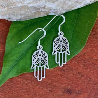 an image of a pair of Sterling Silver Filigree Hamsa Dangle Earrings
