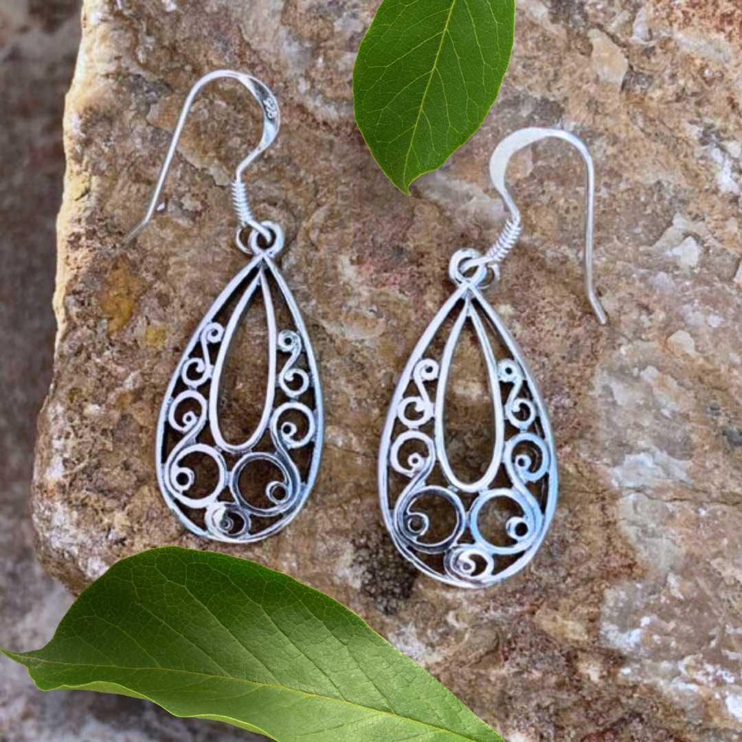 an image of a pair of Sterling Silver Lacy Oval Dangle Earrings