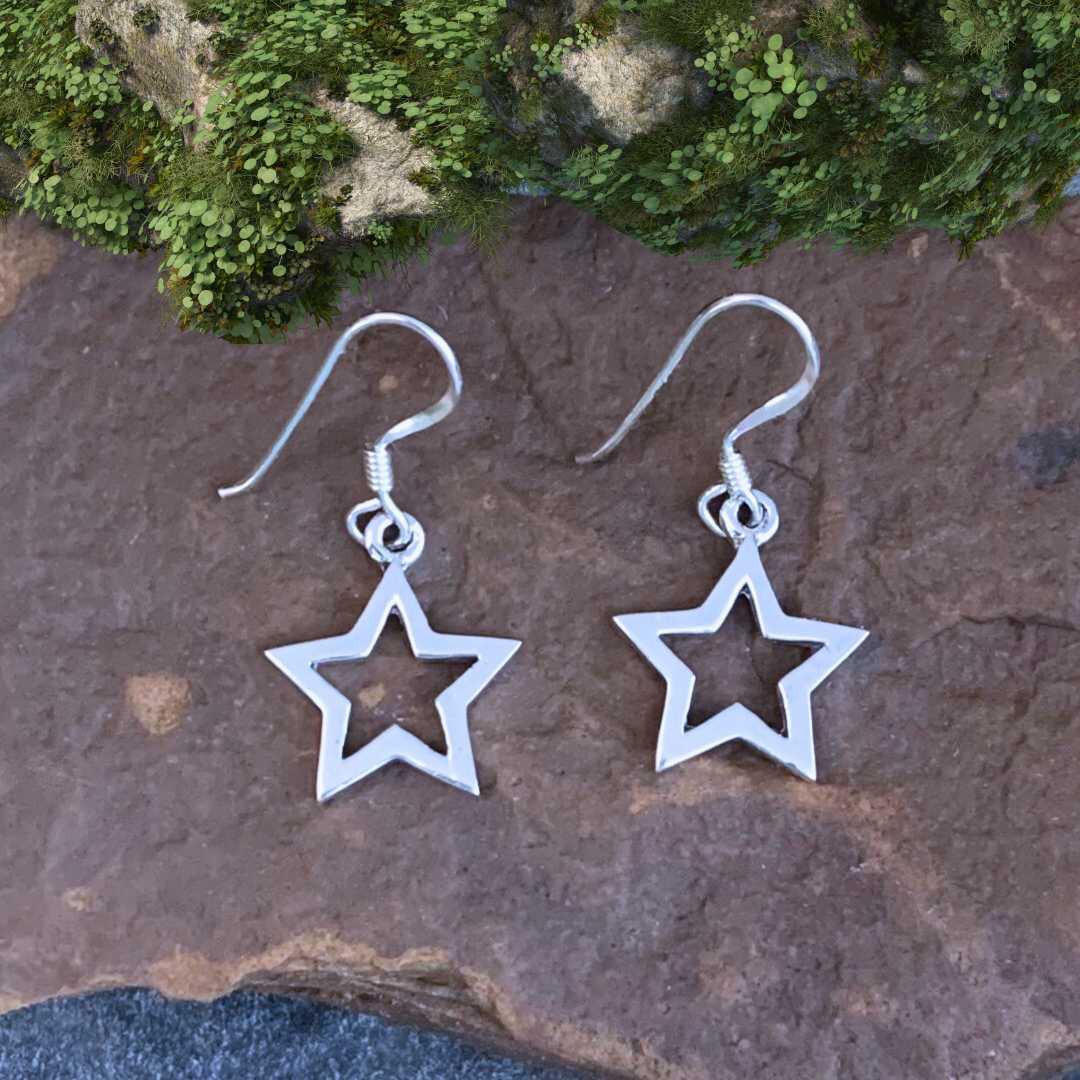an image of a Sterling Silver Open Star Dangle Earrings