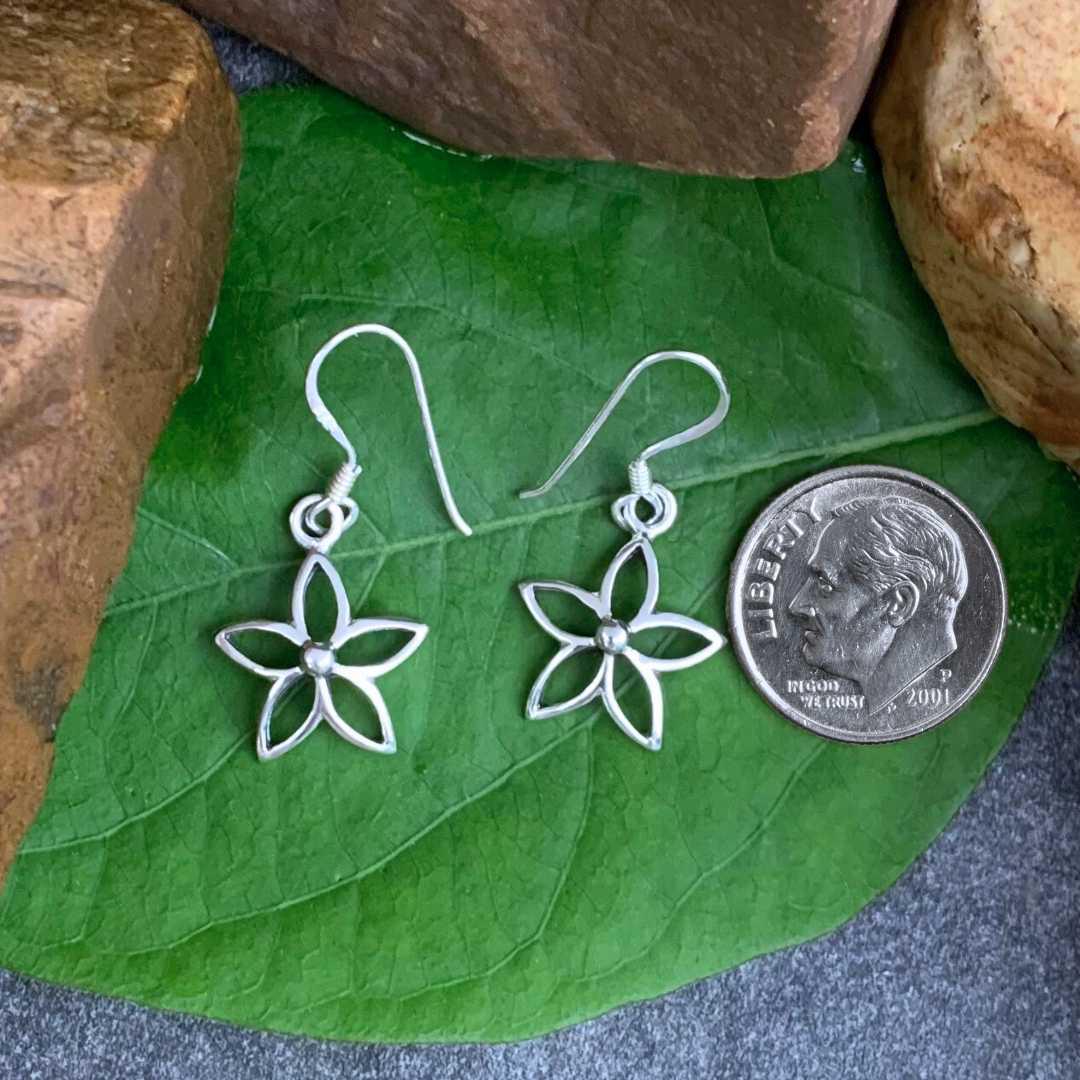 an image of a pair of dainty Sterling Silver Dainty Open Flower Dangle Earrings