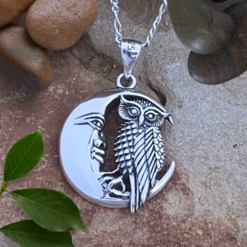 an image of a sterling silver pendant with an owl sitting in a moon