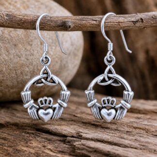 an image of a pair of Sterling Silver Claddagh Earrings with Triquetra Celtic Knot.