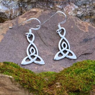 an image of a pair of Sterling Silver Celtic Triquetra Dangle Earrings with a total drop of 1.3 inches