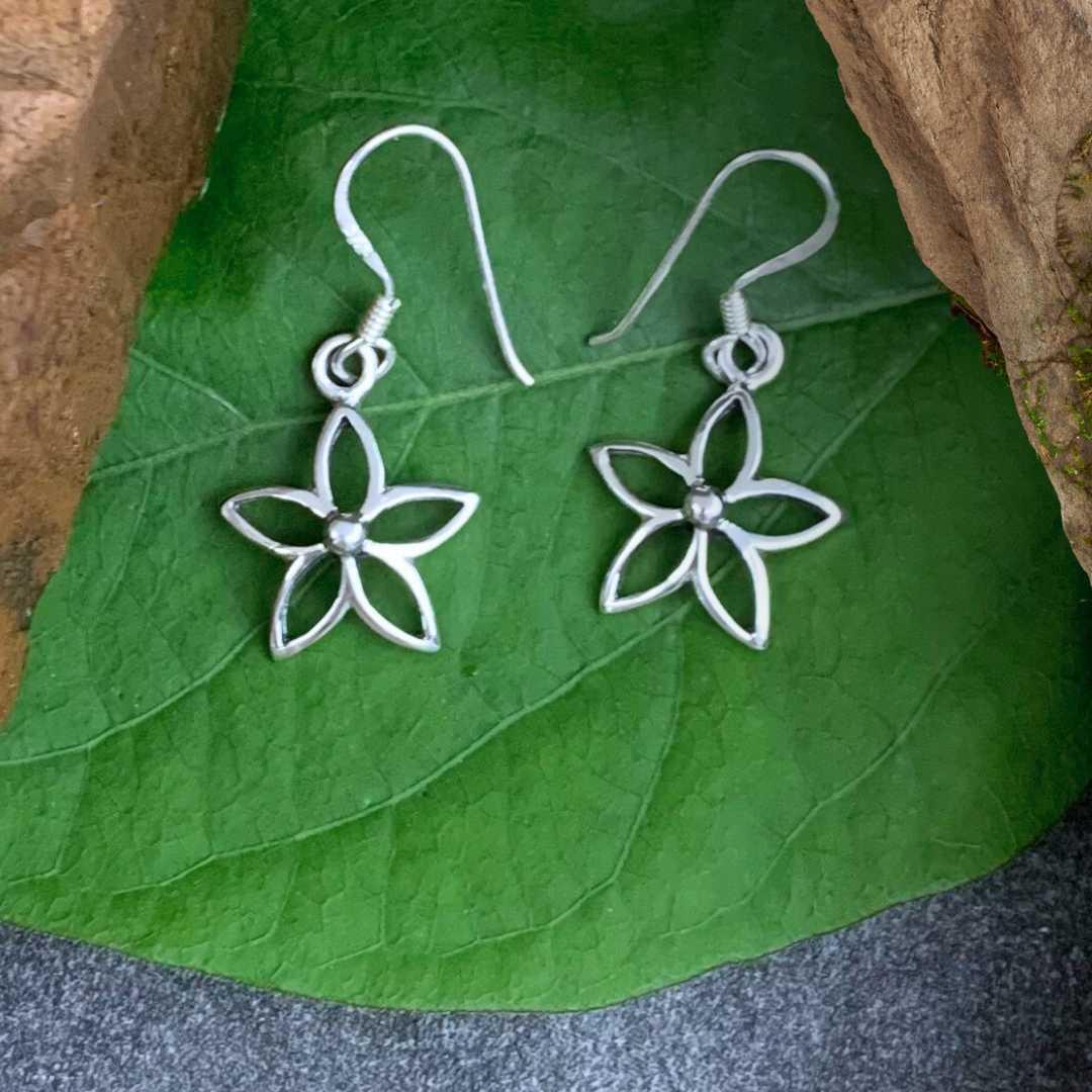 an image of a petite pair of Sterling Silver Dainty Open Flower Dangle Earrings