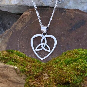 an image of an open sterling silver heart pendant with a Celtic Triquetra or Trinity knot in the center