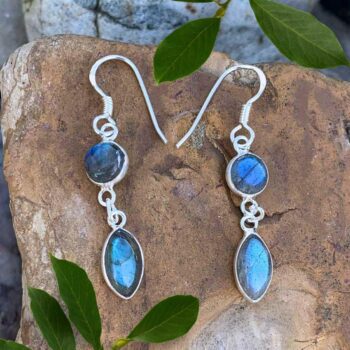 an image of a pair of Labradorite and Sterling Silver Double Drop Earrings with a marquise shaped stone and a round stone
