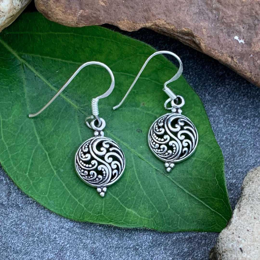 an image of a pair of Sterling Silver Ornate Filigree Yin Yang Dangle Earrings
