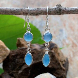 an image of a pair of Blue Chalcedony and Sterling Silver Double Drop Earrings with a round stone and marquise shaped stone