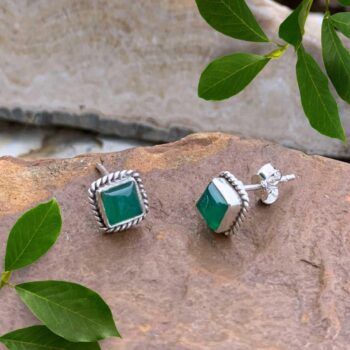an image of a pair of Green Onyx and Sterling Silver Square Stud Earrings