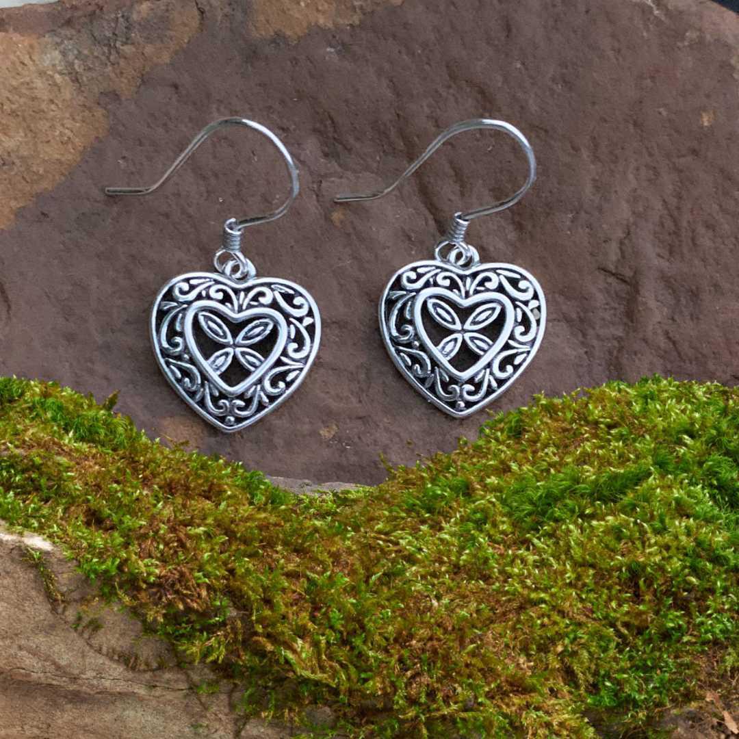 an image of a pair of Romantic Filigree Heart Sterling Silver Dangle with face height of .47 inches Earrings