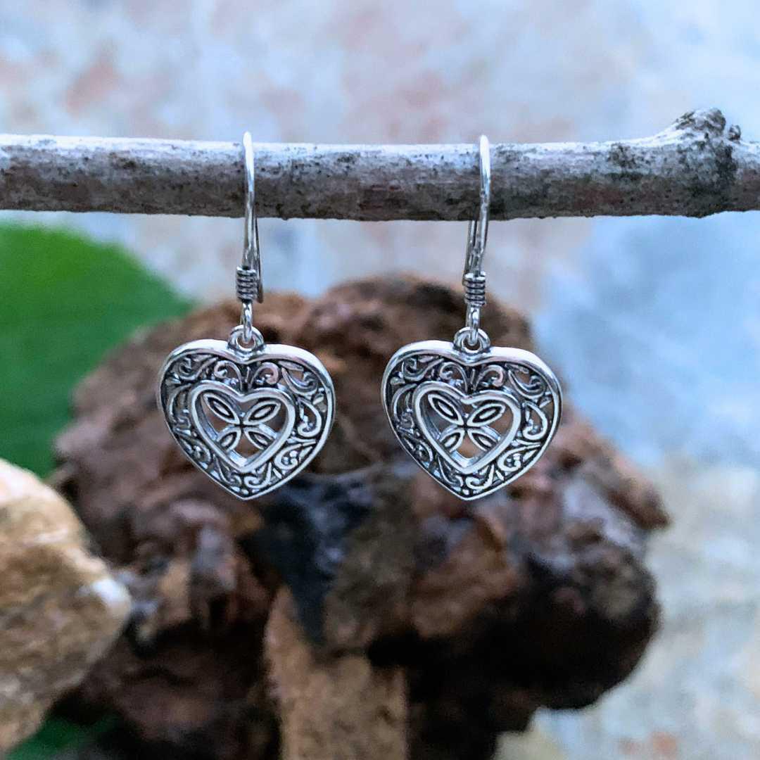 an image of a pair of Romantic Filigree Heart Sterling Silver Dangle Earrings