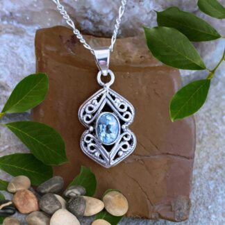 Oval Blue Topaz and Filigree Sterling Silver Pendant