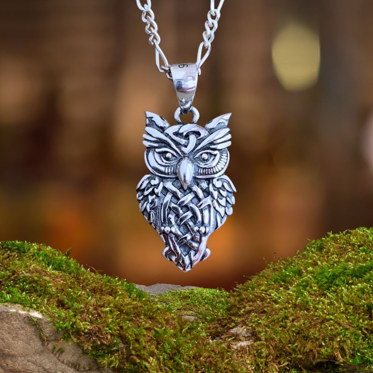 an image of a Charming Celtic Owl Sterling Silver Pendant with some Celtic knotwork