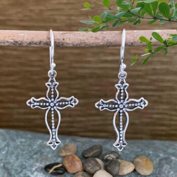 an image of a pair of Sterling Silver Open Beaded Cross Dangle Earrings