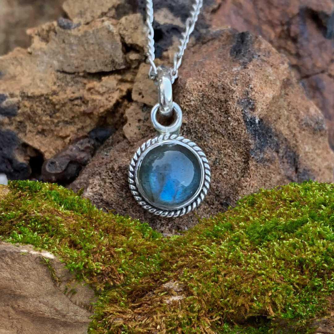 an image of a Petite Round Labradorite Sterling Silver Pendant