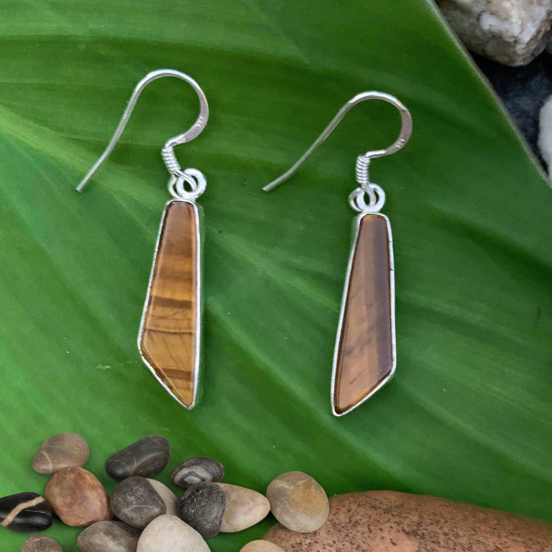 an image of a pair of Contemporary Tiger's Eye and Sterling Silver Earrings with a geometric angle