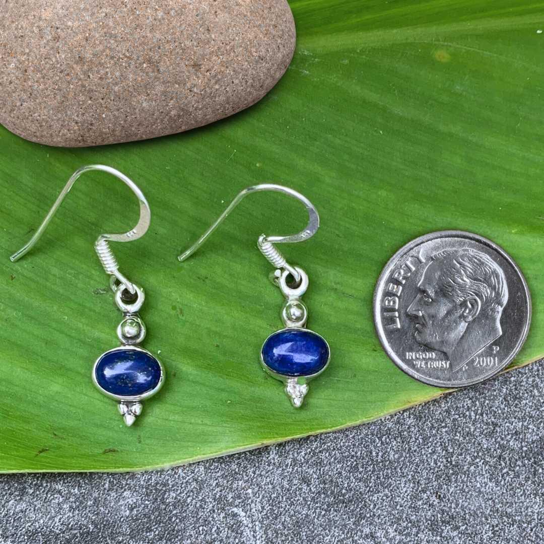 an image of a pair of Dainty Oval Lapis Lazuli and Sterling Silver Earrings next to a dime