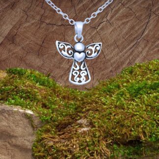an image of a Petite Sterling Silver Angel Heart Pendant next to a penny