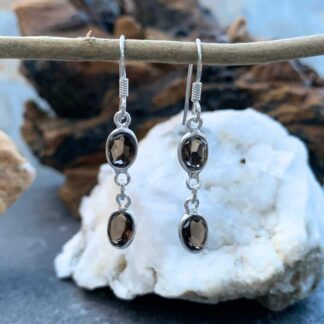 an image of a pair of Double Faceted Smoky Topaz and Sterling Silver Dangle Earrings