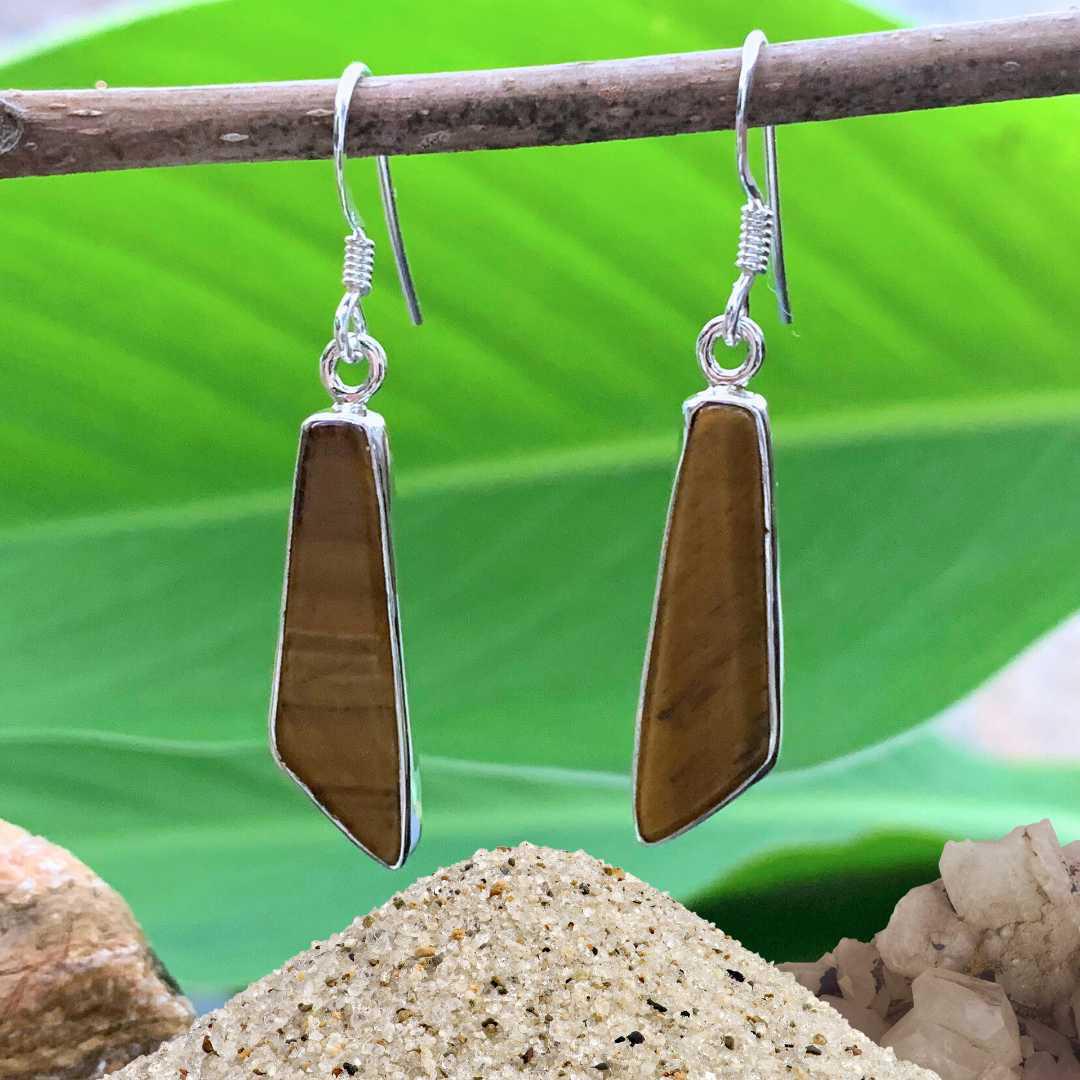 an image of a pair of Contemporary Tiger's Eye and Sterling Silver Earrings with a geometric angle