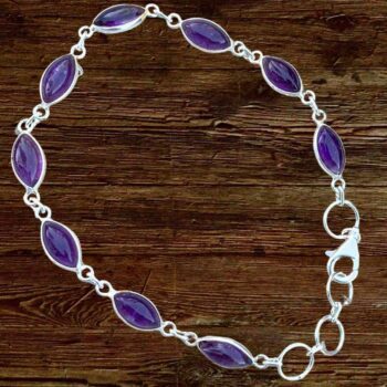 an image of a Amethyst Marquise Sterling Silver Bracelet featuring 9 marquise shaped amethyst gemstones all set in sterling silver with a sterling silver lobster clasp