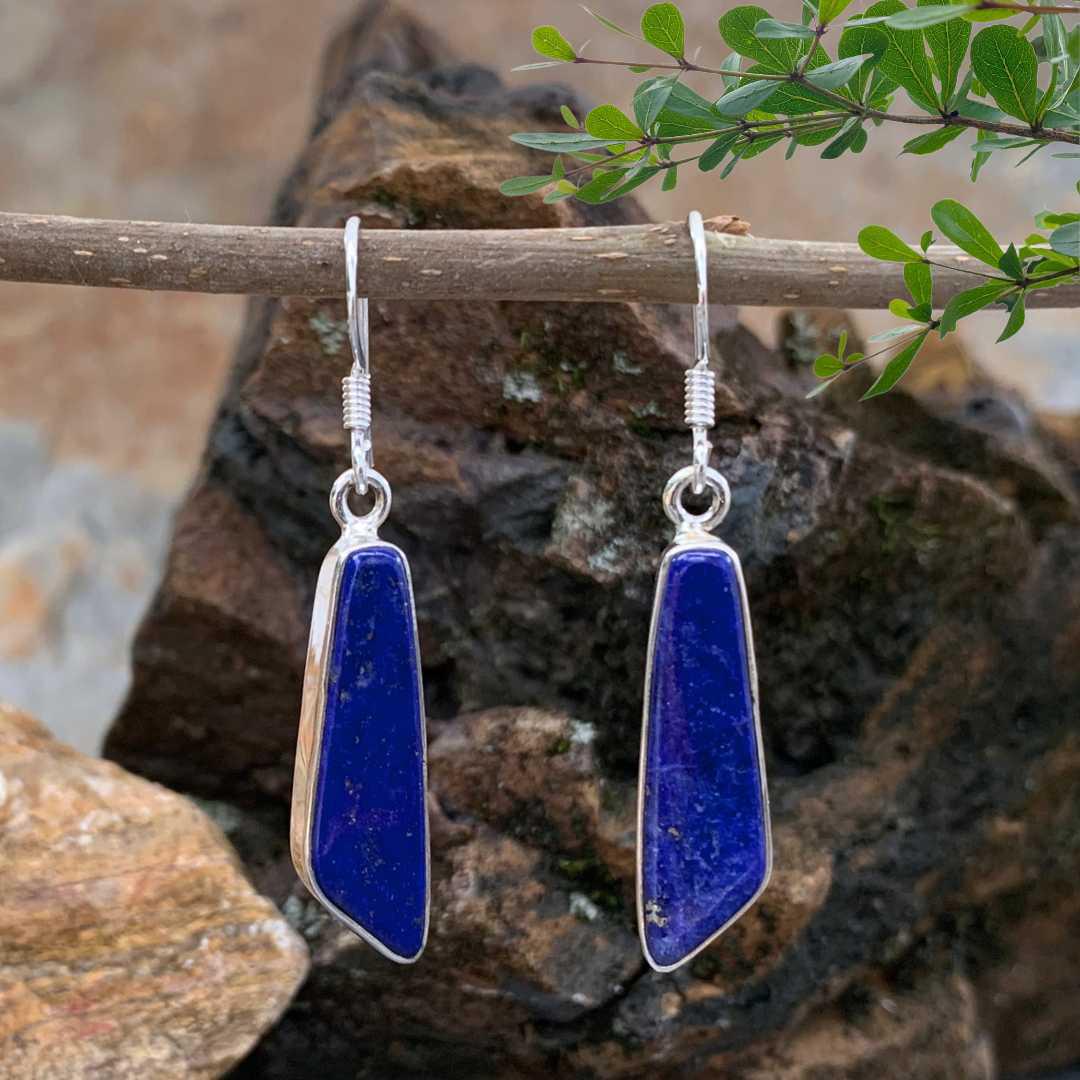 an image of a Contemporary Lapis Lazuli and Sterling Silver Dangle Earrings with an angled cut at the bottom