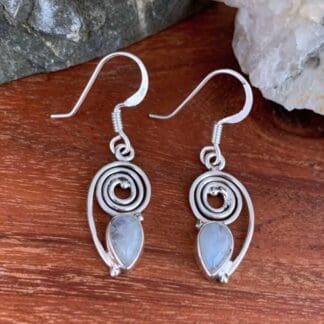 an image of a pair of Teardrop Rainbow Moonstone and Spiral Sterling Silver Earrings