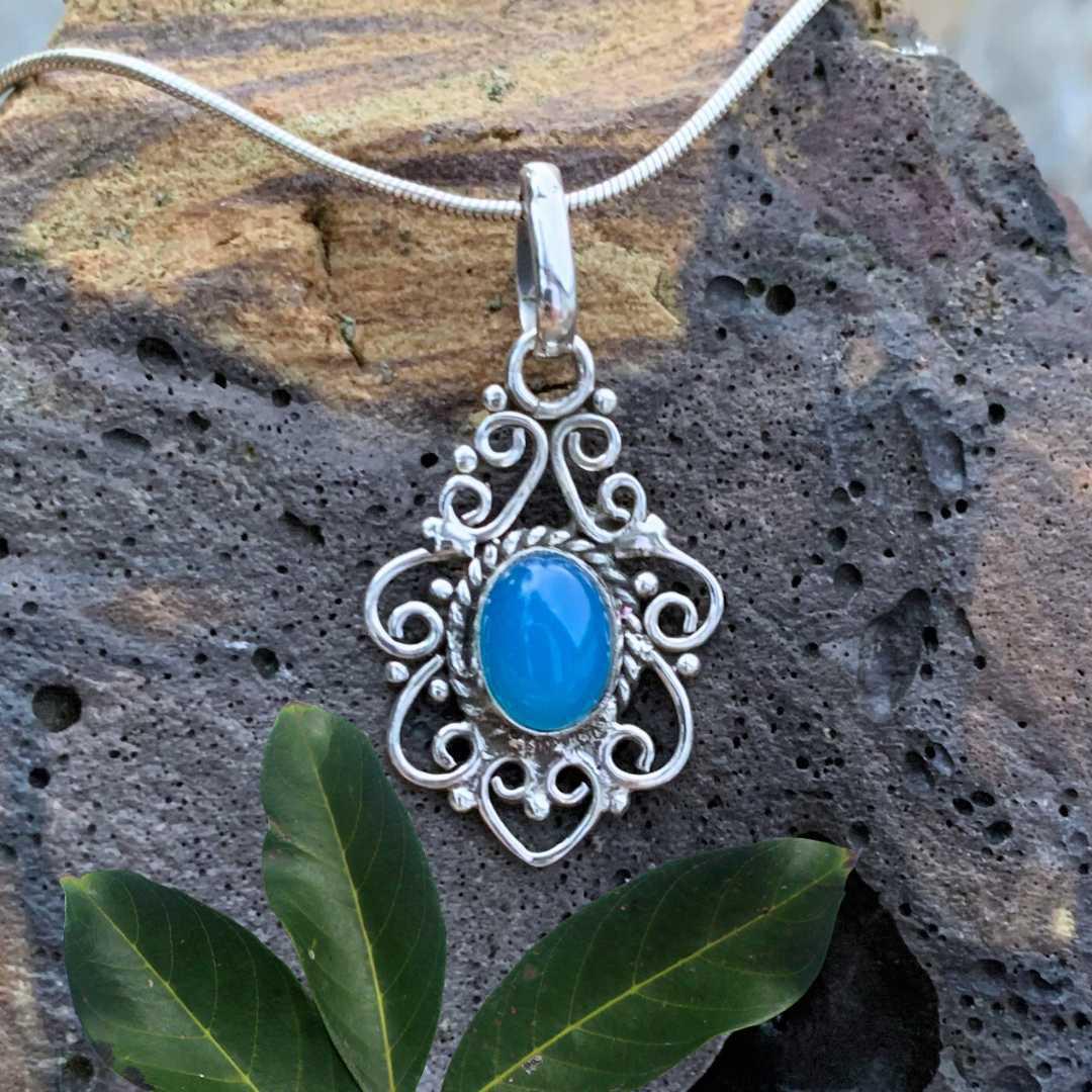 an image of a Filigree Sterling Silver and Blue Chalcedony Pendant