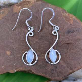 an image of a pair of Curvy Sterling Silver with Marquise Rainbow Moonstone Dangle Earrings