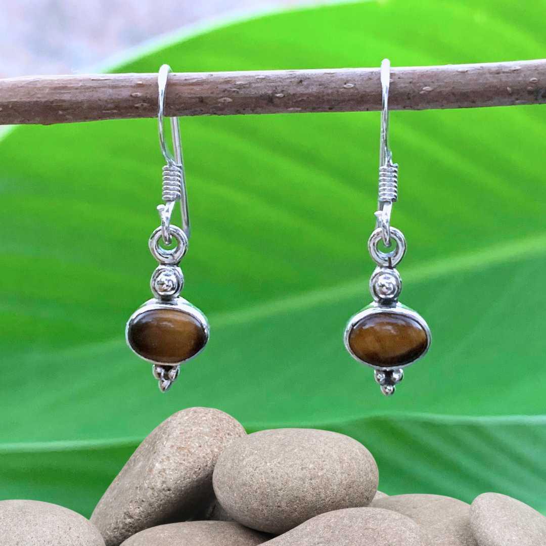 an image of a pair of Dainty Oval Tiger's Eye and Sterling Silver Earrings