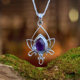an image of an Amethyst Teardrop Lotus Sterling Silver Pendant